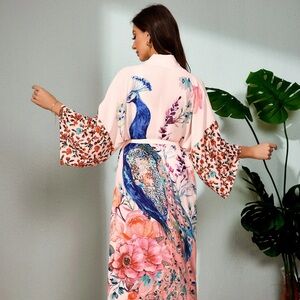 Vibrant Peacock and Floral Kimono